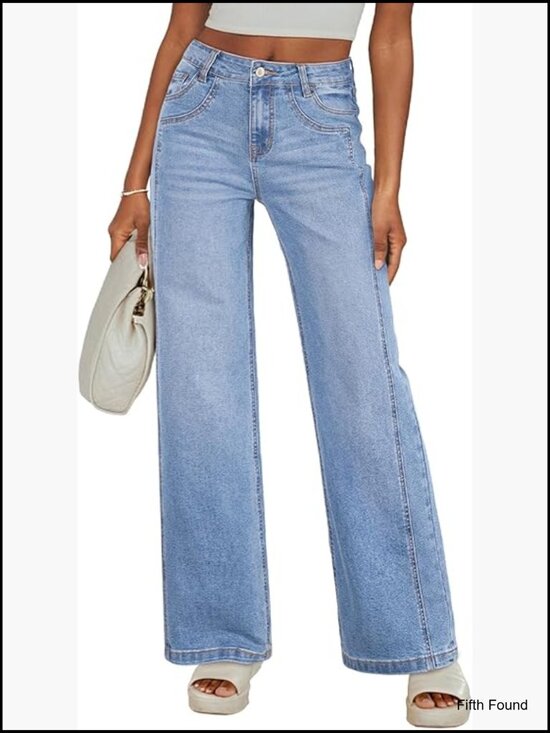Denim - High Waisted Wide Leg Jeans Stretchy Straight Leg Patchwork Denim Pants